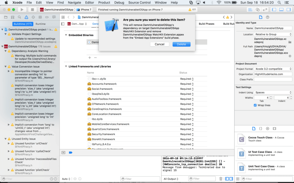 DVIA Xcode confirm remove WatchKit embedded binary