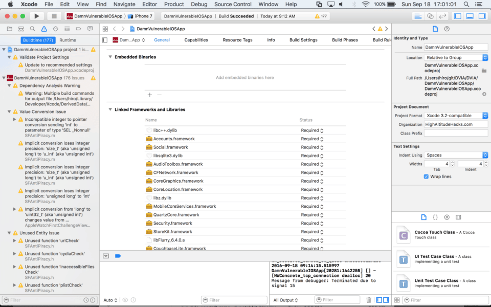 DVIA Xcode linked frameworks and libraries