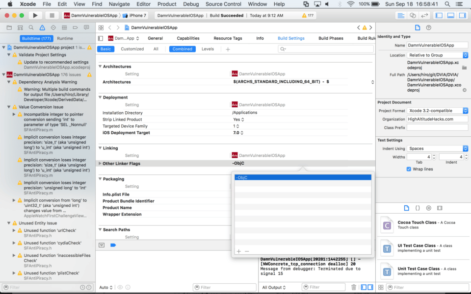 DVIA Xcode select and remove ObjC linker flag