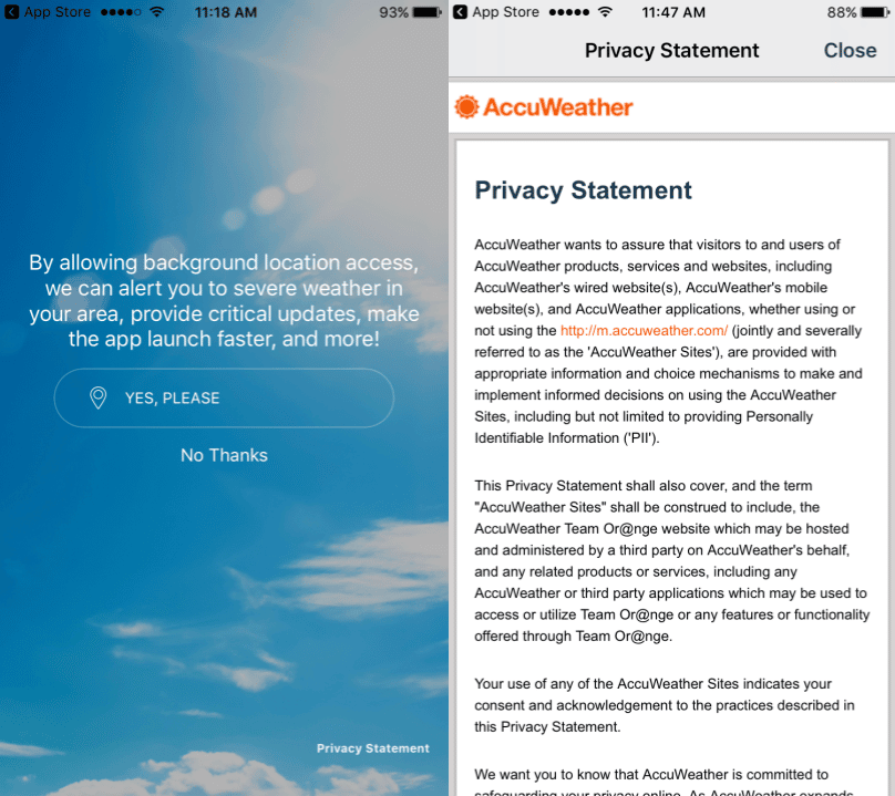 AccuWeather iOS app request for location data and privacy statement