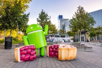 June 8, 2019 Mountain View / CA / USA - Android Pie sculpture located at at the entrance to Googleplex in Silicon Valley; Android 9.0 "Pie" is the newest version of the Android mobile OS;