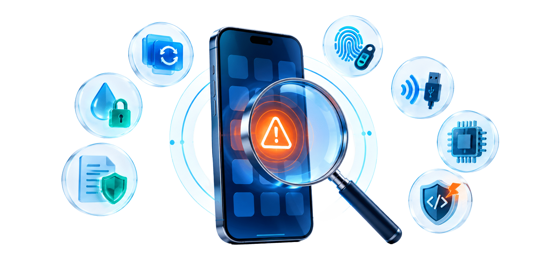 a clean, text-free graphic showing the key triggers for a mobile app penetration test: major releases, sensitive data, compliance needs, protected login flows, external device connectivity, embedded targets, and anti-tamper verification.