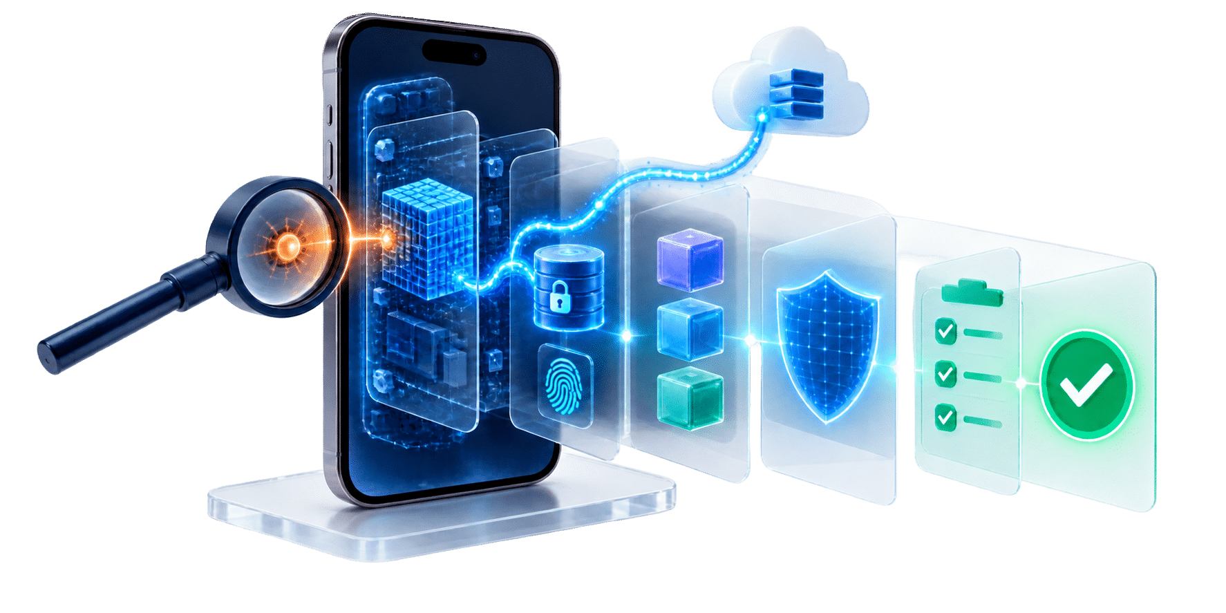 graphic showing complete mobile app security testing across: - The compiled app binary - Runtime behavior on a real device - Data storage and authentication - API and network traffic - Embedded third-party SDKs - Attacker-style inspection - Verified security assessment results