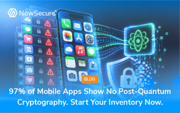 Smartphone, quantum computing symbol and security shield illustrating mobile app readiness for post-quantum cryptography.
