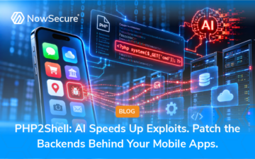 Illustration of a mobile app connecting to vulnerable PHP servers, with an AI symbol and exploit code.