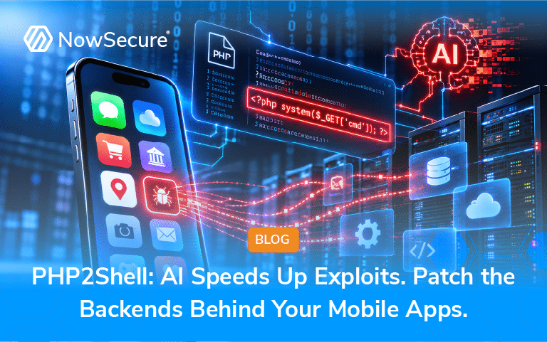 Illustration of a mobile app connecting to vulnerable PHP servers, with an AI symbol and exploit code.