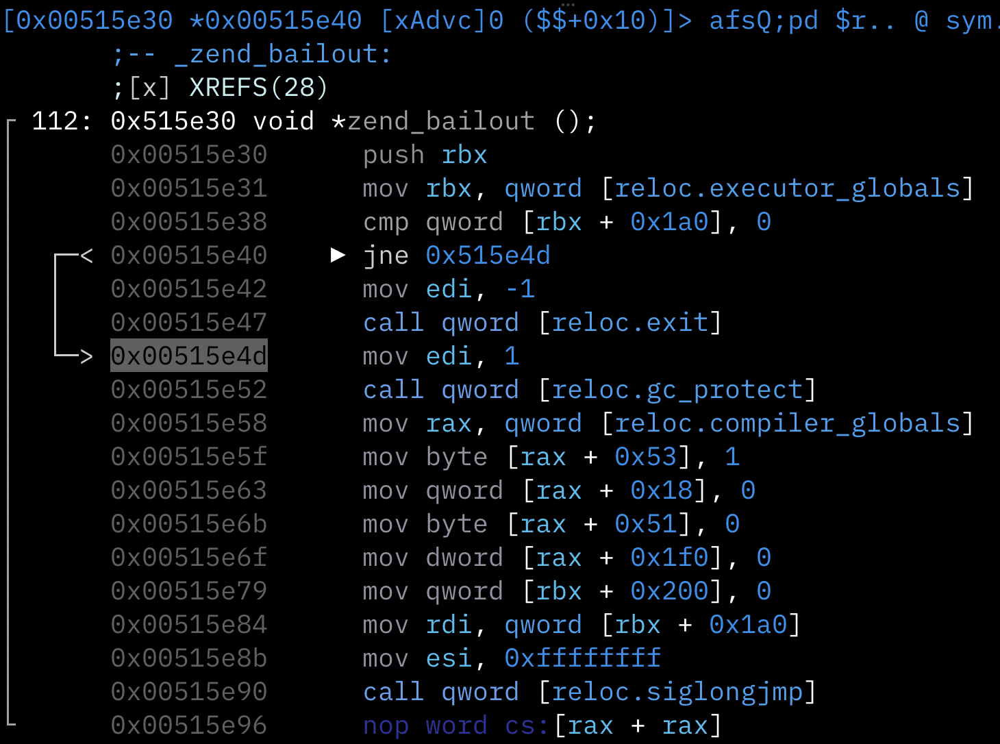 radare2 disassembly of the zend_bailout function in mod_php85.so