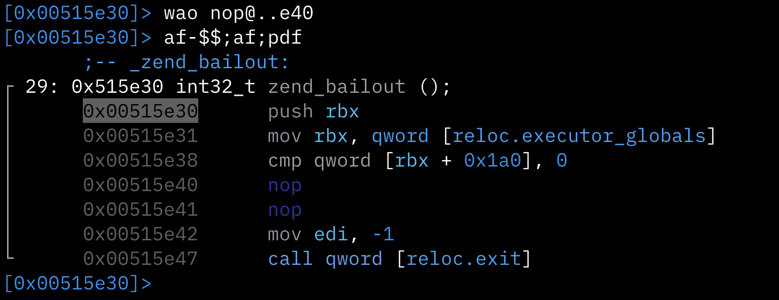 radare2 disassembly of zend_bailout after the exit call is patched out