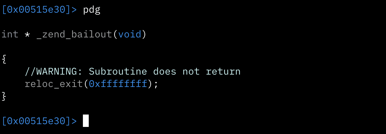 Decompilation of the patched zend_bailout function