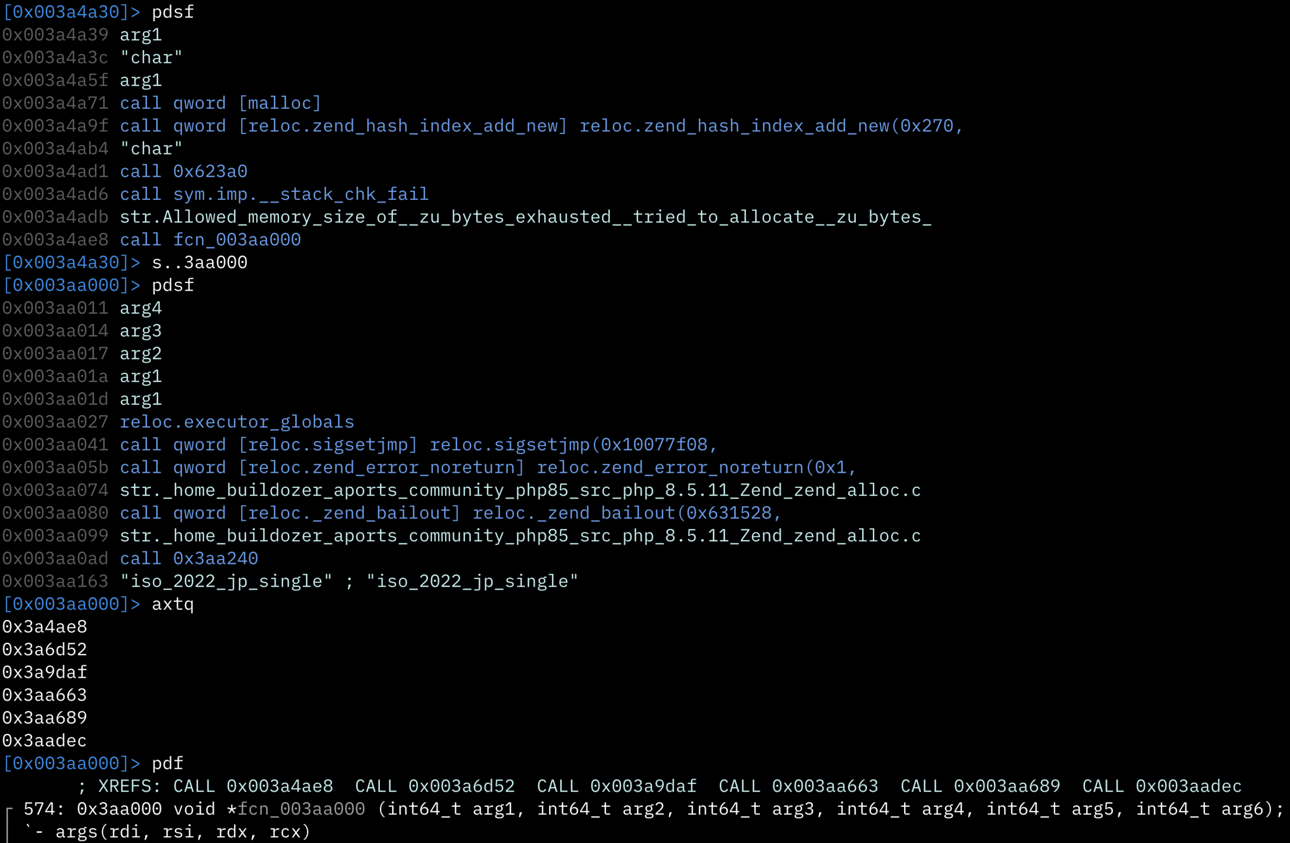 radare2 listing of strings in the function that contain the exhausted bytes message