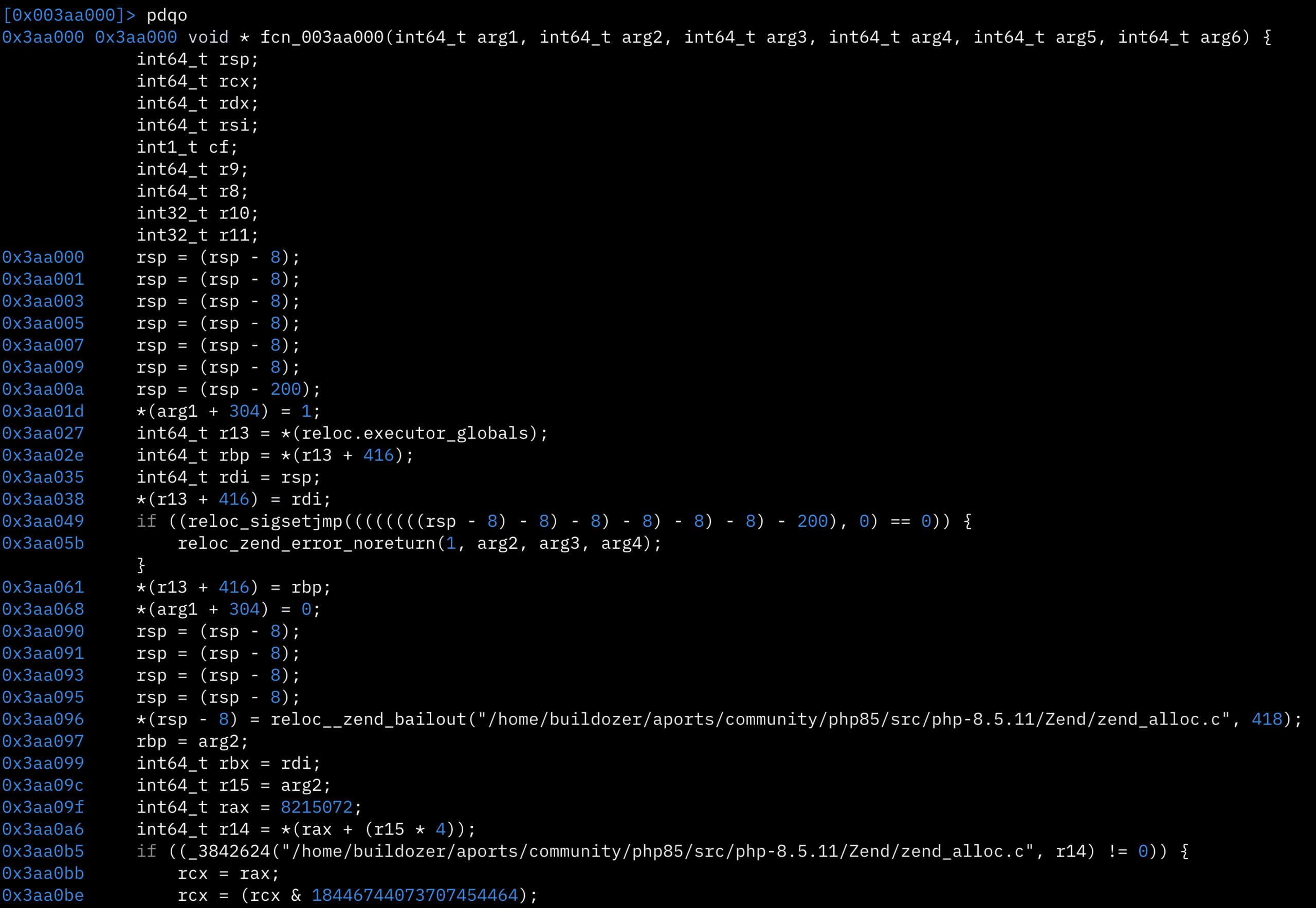 Decompilation of the PHP memory allocation function in radare2