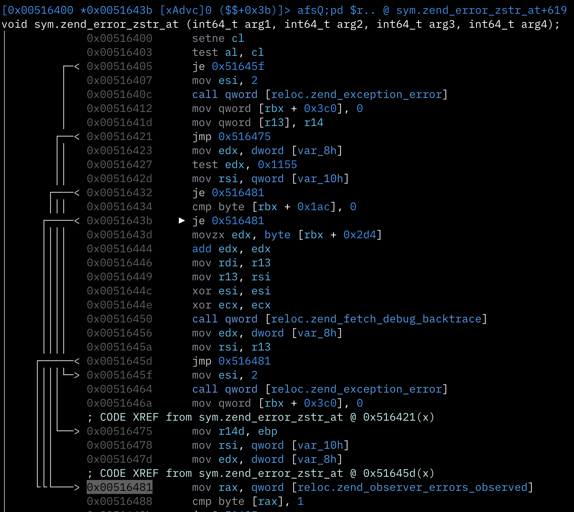 radare2 disassembly showing the conditional jumps that read the error_backtrace_on global