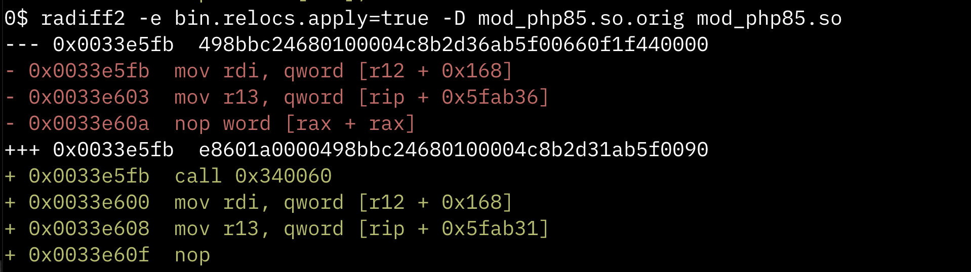 radiff2 output comparing the original and patched mod_php85.so binaries