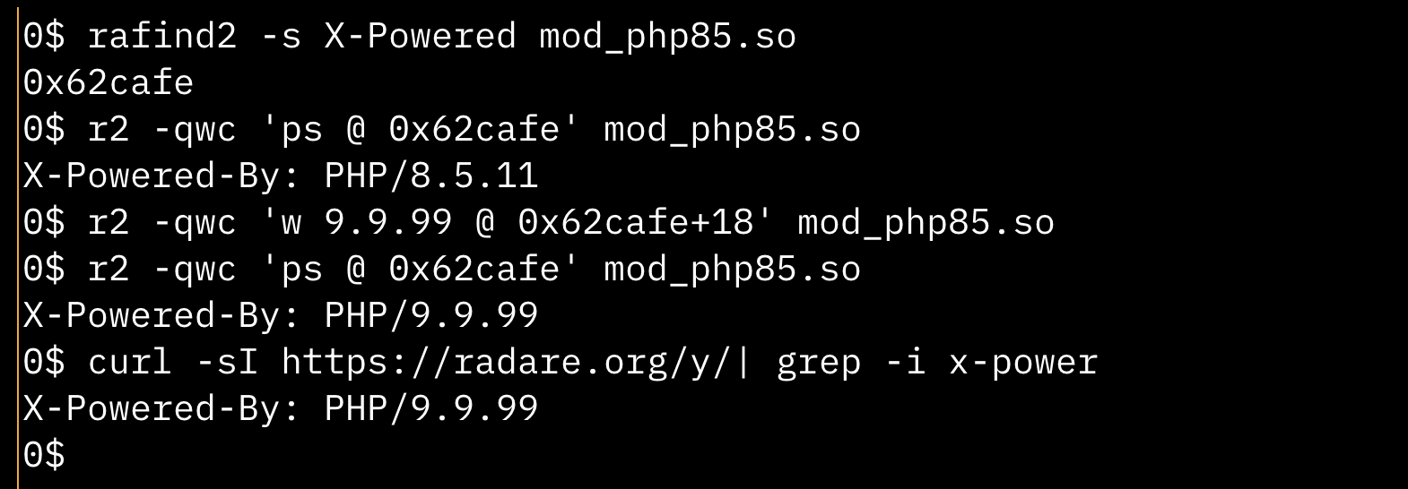 radare2 search and write patching the PHP version string